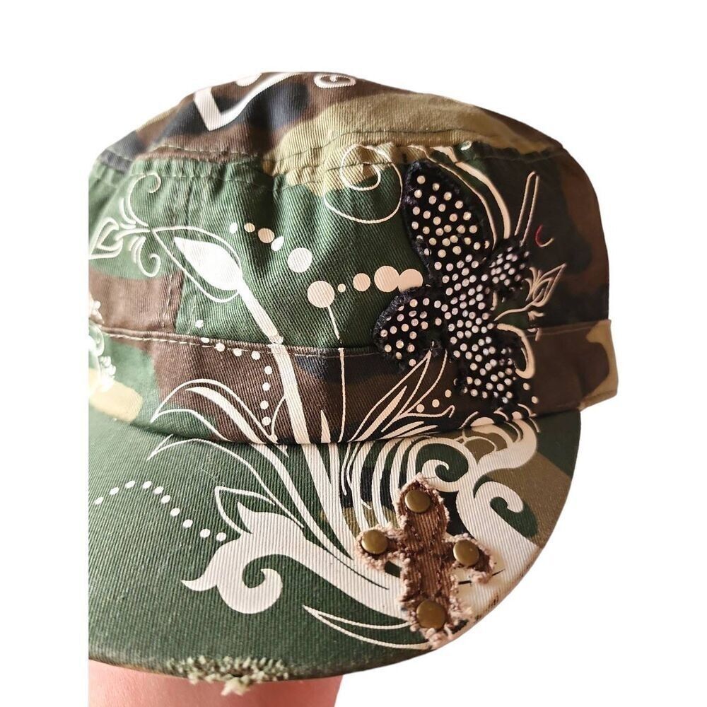 Vintage Y2K Cyber‎ Grunge Western Products Green Camo Rhinestone Cross Army Hat - Picture 3 of 5